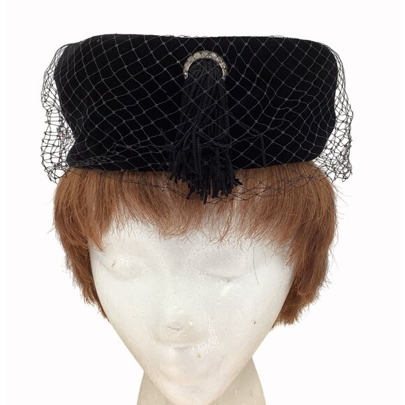 Vintage Black Velvet Pillbox Hat With Veil & Tassel Accent - Picture 1 of 6